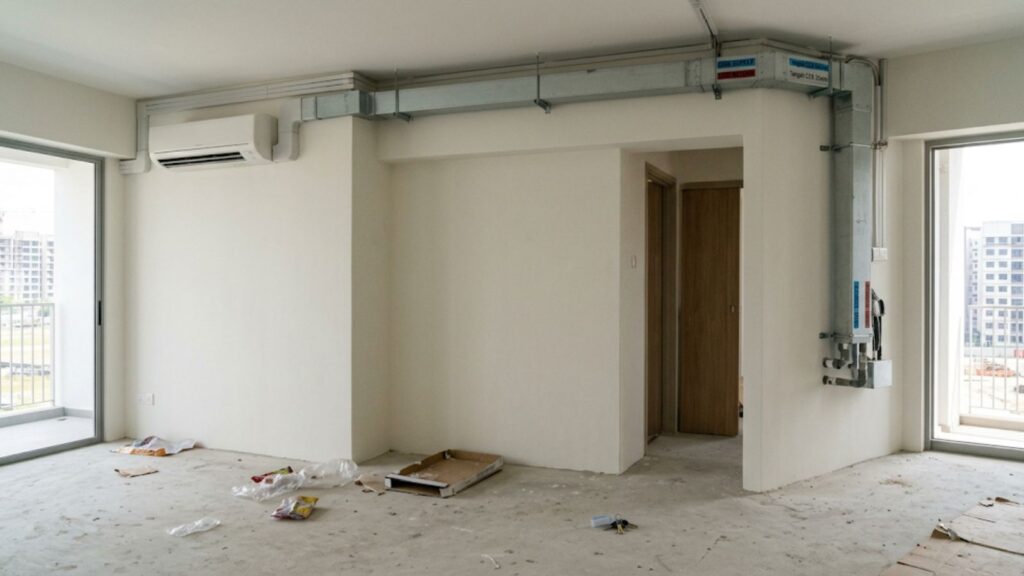 Fan coil unit and chilled water pipe trunking in a new Tengah BTO flat