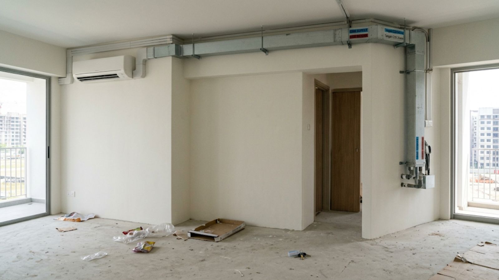 Fan coil unit and chilled water pipe trunking in a new Tengah BTO flat