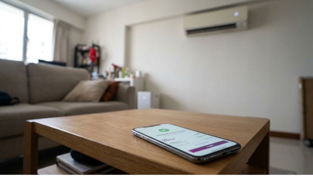 Payment notification on a phone in a Singapore living room with a wall-mounted air conditioner behind