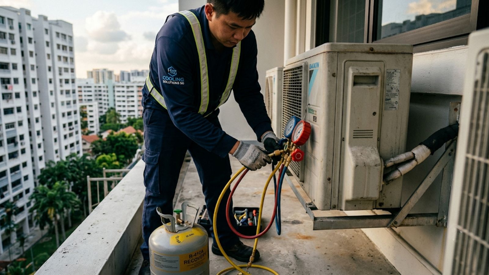 Technician connecting a gauge manifold to an air conditioner condenser on an HDB ledge in Singapore