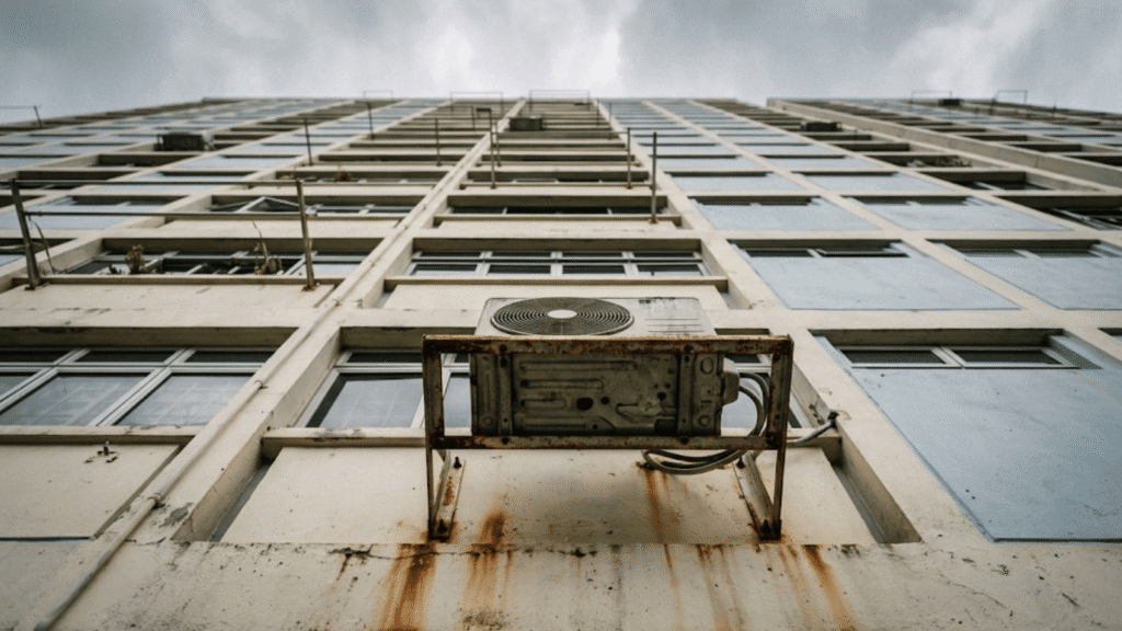 An aircon bracket dangled off a Tampines HDB block