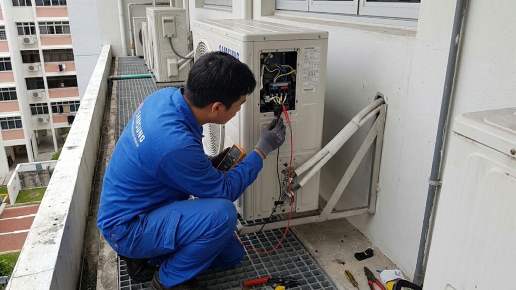 a technician using a multimeter on the F1F2 terminal block inside a Samsung outdoor unit's electrical compartment on an HDB aircon ledge.